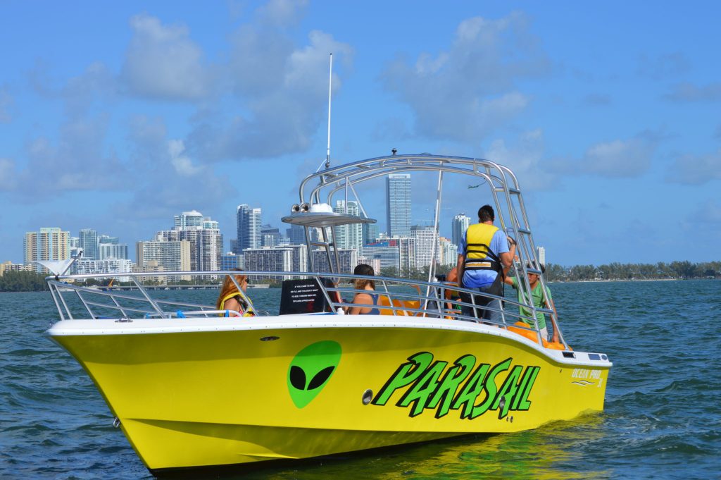 Miami Parasail Boat idling in Marina