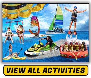 View all activities promotional image with parasailing, jet skiing, tubing, flyboard, hobie cat, and windsurf